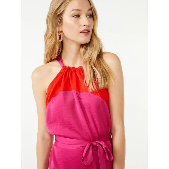 NWT Scoop Women's Halter Top Color Block Midi Dress with Tie at Waist - Picture 3 of 6